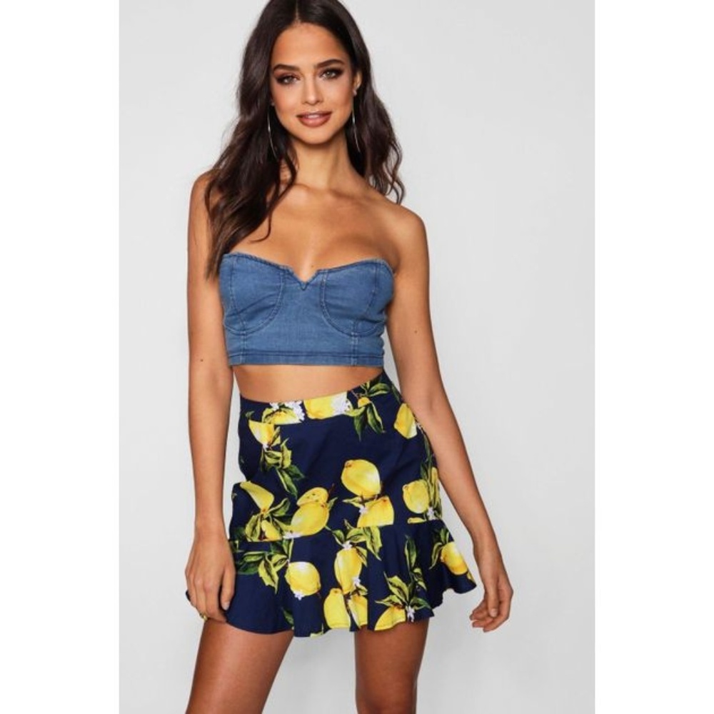 Boohoo Lemon Print Ruffle Hem Skirt